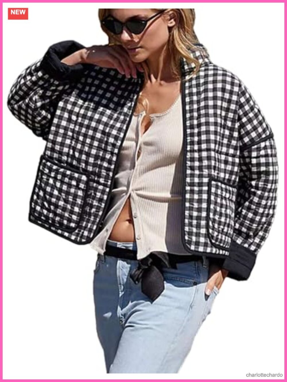 Women's Cropped Quilted Puffer Jacket Plaid Printed Zip Up Lightweight Coat